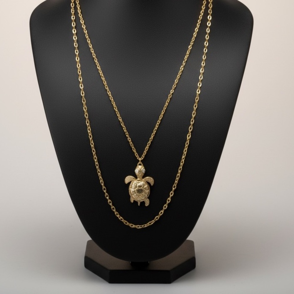 Vintage Articulated Turtle Pendant Double Strand Gold Tone Necklace